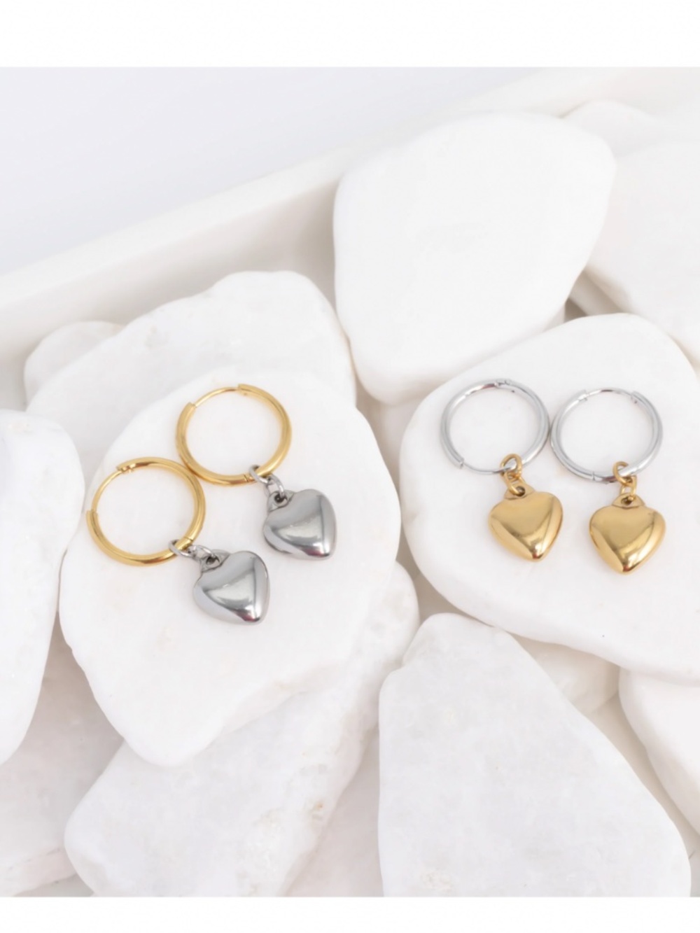 Earrings 18K Gold PVD Stainless Steel Mixed Metal Huggie Heart Charm